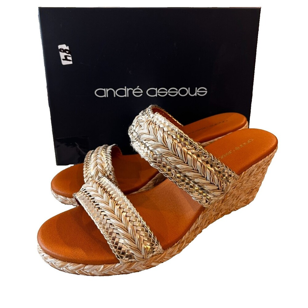 Andre Assous Nubia Braided Raffia Espadrille Wedge Sandals Size 9.5 NEW Gold